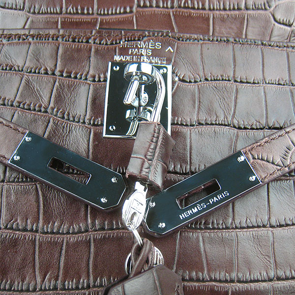 7A Replica Hermes Kelly 32cm Crocodile Veins Leather Bag Dark Coffee 6108